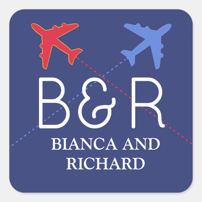 Rot-Blau-Reiseflugzeuge mit Namen, mit Monogramm  Quadratischer Aufkleber (Vorderseite)