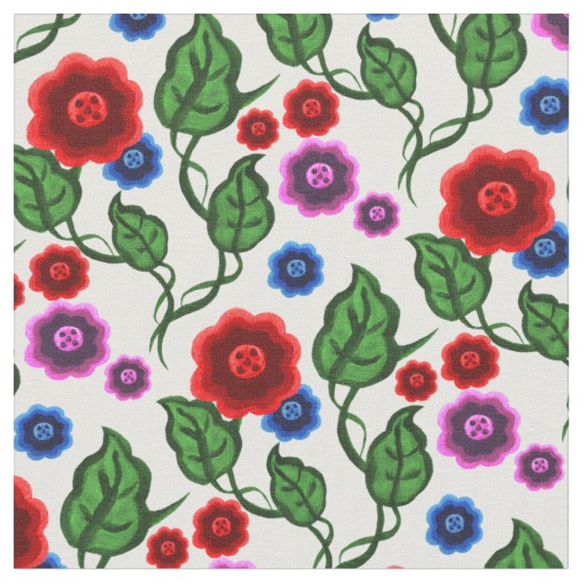 Rot/blau/rosa Blume/grüne Blätter/Folk Stoff (Nahaufnahme)