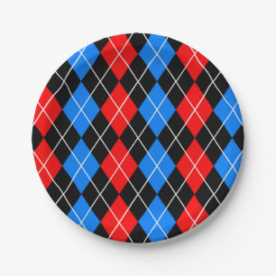 Rot Blau Schwarz Argyle Karo Design Pappteller