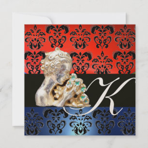 ROT BLAU, SCHWARZ, WEISS DAMAST JEWEL MONOGRAMM EINLADUNG