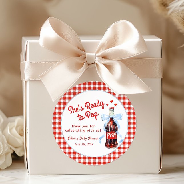 Rot & Blau Sie ist bereit zu platzen Baby Shower Runder Aufkleber (She's Ready to pop baby shower favor gift stickers)
