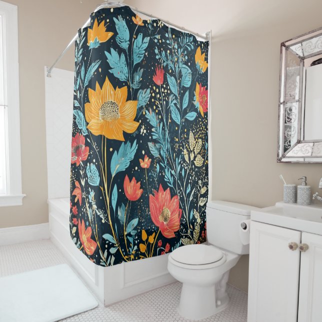 Rot, Blau und Gelb Boho Duschvorhang (Beispiel)