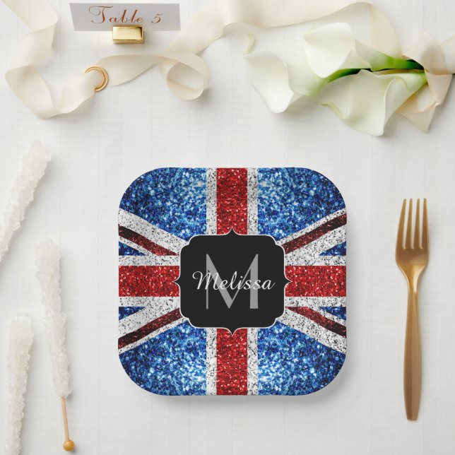 Rot-blaue Glitzern, Monogram Pappteller (Hochzeit)