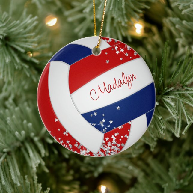 Rot blaue Mädchen Volleyball Silberstars Akzent Keramik Ornament (Baum)