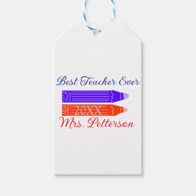 Rot-blaue Stifte, die die beste Lehrerin je geben, Geschenkanhänger (Vorderseite)