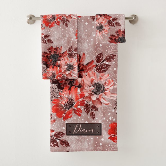 Rot, bordeauxrote Blume. Badhandtuch Set (Insitu)
