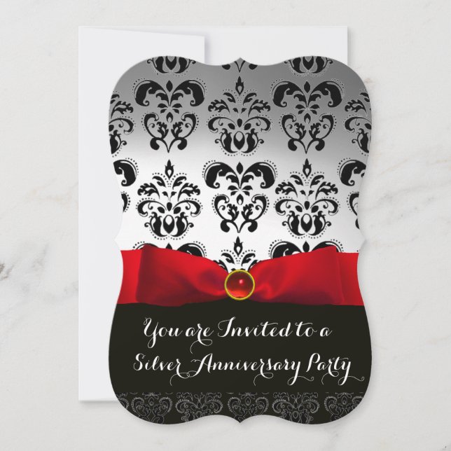 ROT BOW WHITE BLACK DAMASK WEDING JAHRESTAG EINLADUNG (Vorderseite)
