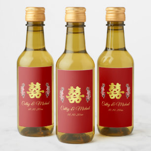 Rot-Chinesische Hochzeit doppeltes Glück floral Weinetikett
