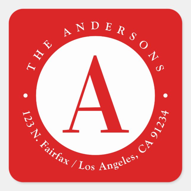 Rot | Circle Monogram Rücksendeadresse Quadratischer Aufkleber (Vorderseite)