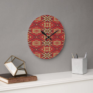 Rot Dunkelbraun Beige Rost Orange Stammeskunst Große Wanduhr
