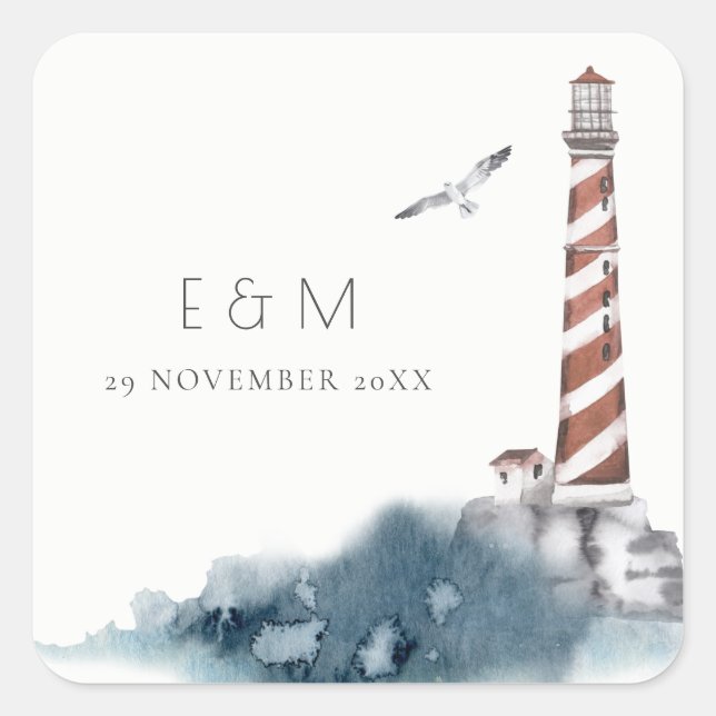 ROT DUSKY BLAUE LIGHTHOUSE MEA MONOGRAM WEDD QUADRATISCHER AUFKLEBER (Vorderseite)