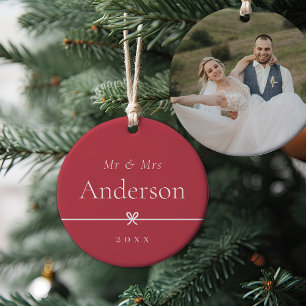 Rot Einfaches Minimal Bow Wedding Foto Keramik Ornament