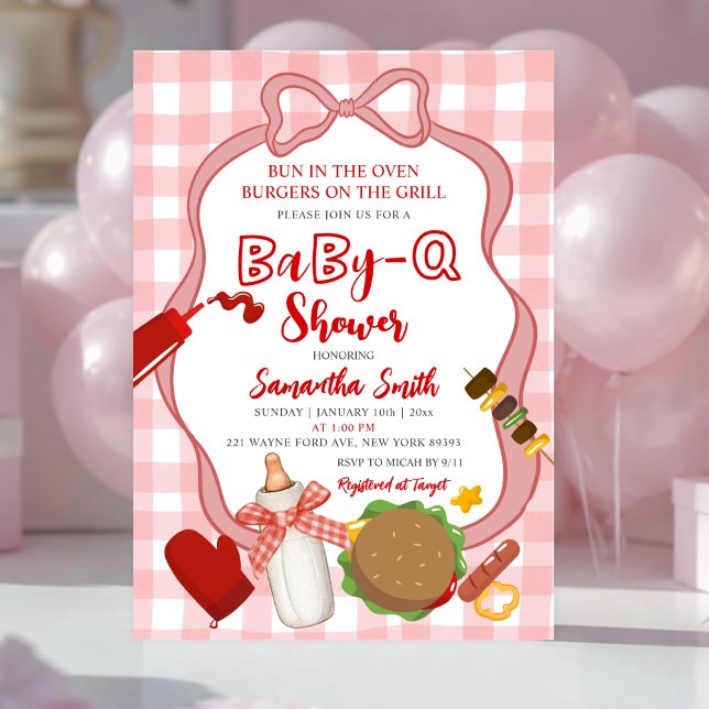Rot gebänderte Gingham-Baby-Q-Baby-Shower-Einladun Einladung (Von Creator hochgeladen)