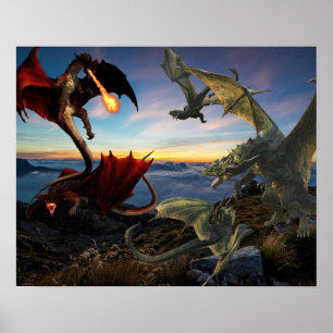 Rot gegen Grüne Drachen Schlacht Fantasy Fight Poster