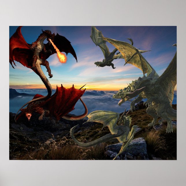Rot gegen Grüne Drachen Schlacht Fantasy Fight Poster (Vorne)