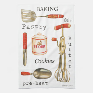 Rot gehandhabt Vintage Küchenbackwerkzeuge auf Han Geschirrtuch