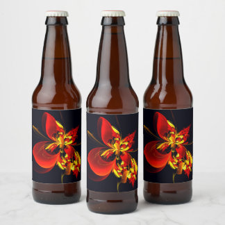 Rot-Gelb-Blüte Modernes abstraktes Kunstmuster #10 Bierflaschenetikett