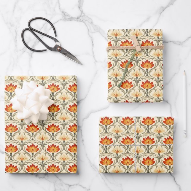 Rot / Gelb / ElfenbeinJugendstil Blume Geschenkpapier Set (Vorderseite)