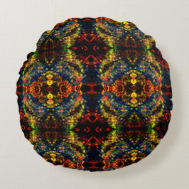 Rot-Gelb-Grün auf dunklem, Flower-Shredded-Papier? Rundes Kissen