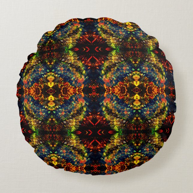 Rot-Gelb-Grün auf dunklem, Flower-Shredded-Papier? Rundes Kissen (Vorderseite)