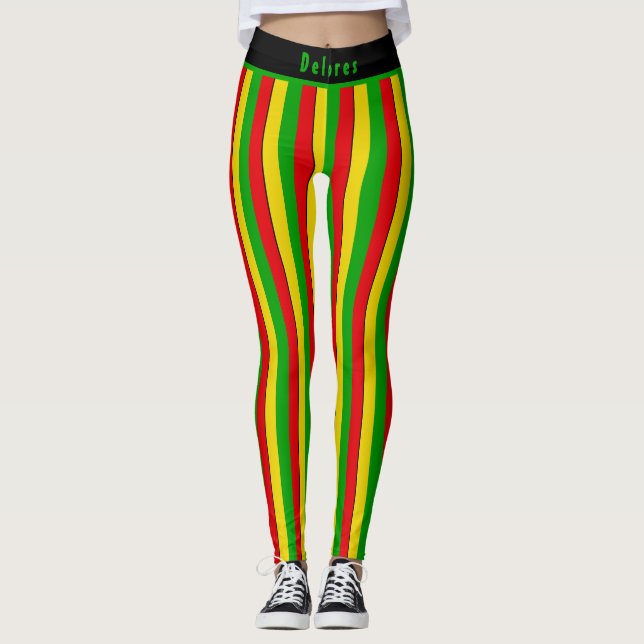 Rot Gelb Grün Rasta Gestreift Leggings (Vorderseite)