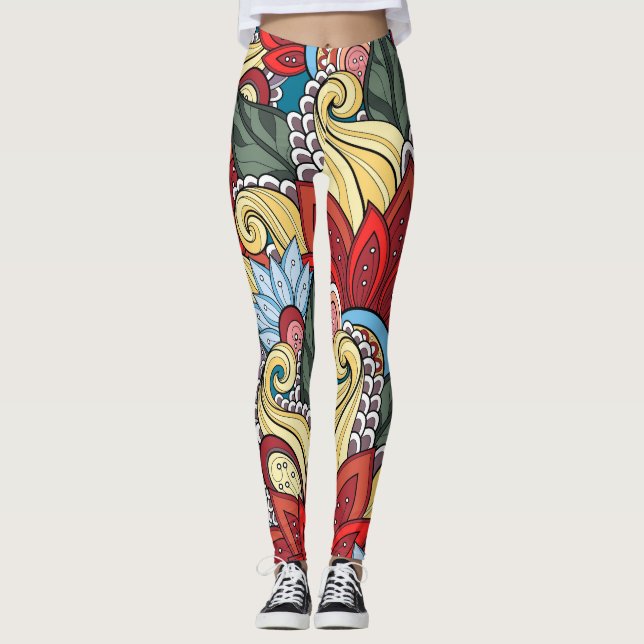 Rot-gelb-grüne Blume und wirbeln Leggings (Vorderseite)