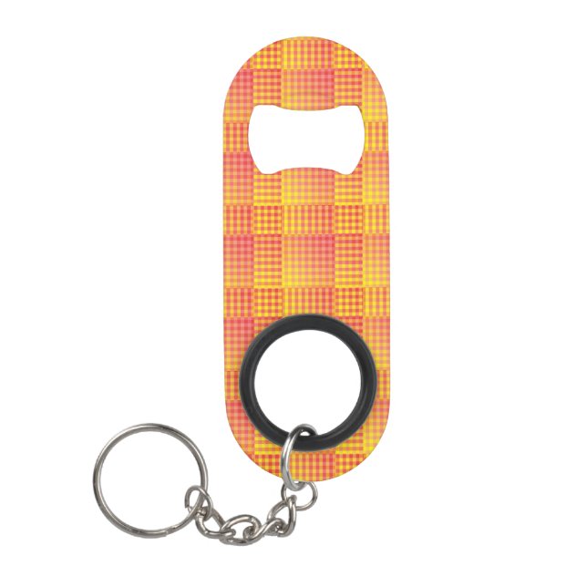 Rot Gelb Karo abstraktes Muster Mini Flaschenöffner (Vorderseite)