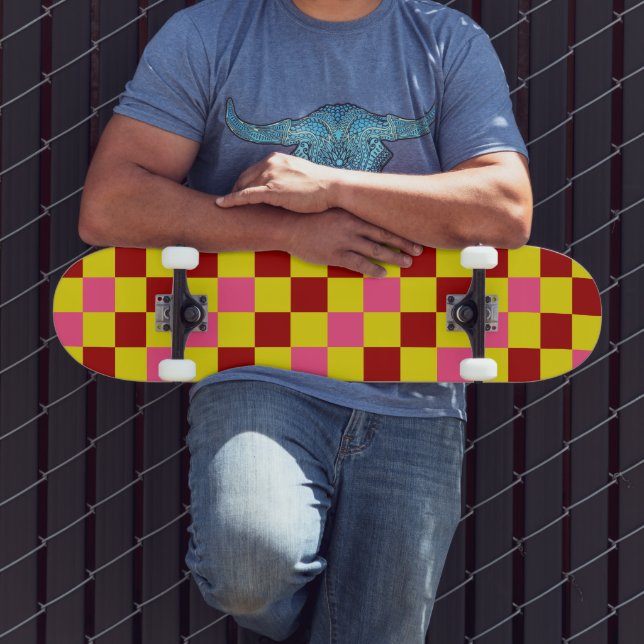 Rot Gelb Rosa Karomuster Design  Skateboard (Außenbereich 3)