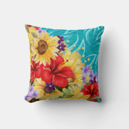 Rot, Gelb, violette Blumen auf Aqua Kissen