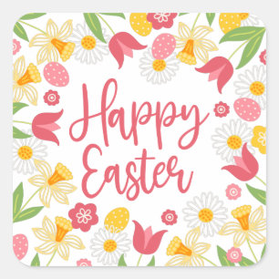 Rot Gelbe Blumige Frohe Ostern  Quadratischer Aufkleber