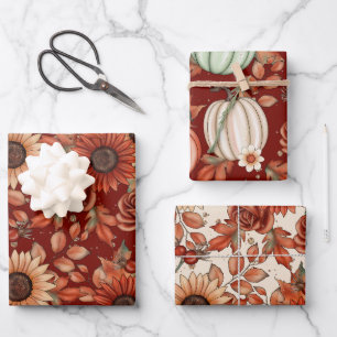 ROT & GELBE FALL SUNFLOWERS & PUMPKINS GESCHENKPAPIER SET