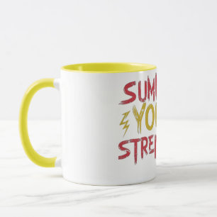 Rot-gelbe "ruft deine Stärke"-Buchstaben-Design Tasse