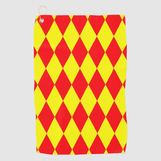 Rot-gelbes Harlekin-Karodesign  Golfhandtuch (Vorderseite)