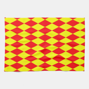Rot-Gelbes Harlekin-Karuomuster Design Geschirrtuch