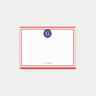Rot gerahmtes rundes Navy 1I Monogramm Post-it Klebezettel