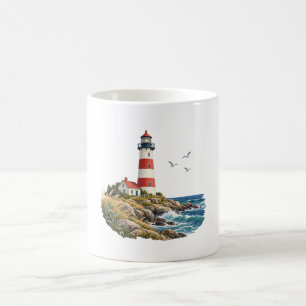 Rot gestreifter Leuchtturm an einer felsigen blaue Kaffeetasse