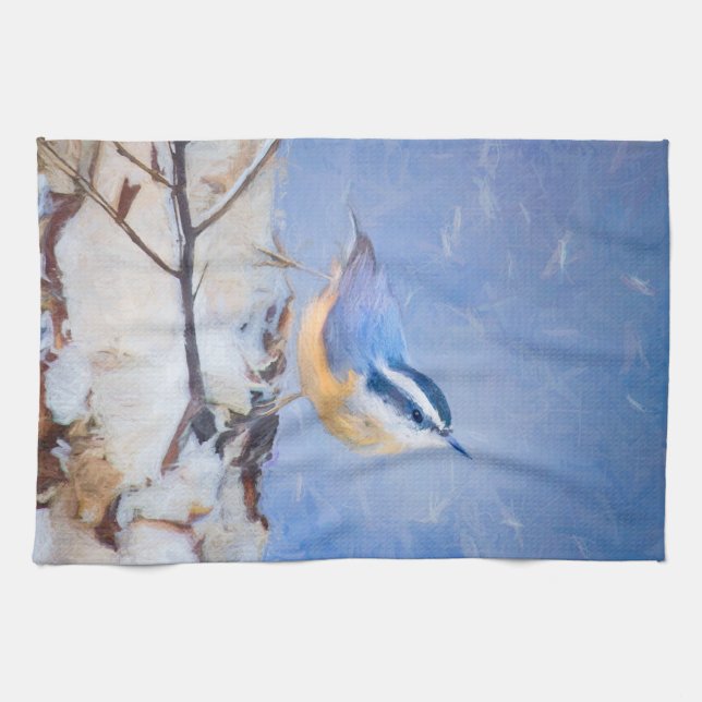 Rot gezapfte Nuthatch Malerei Original Vogelkunst Geschirrtuch (Horizontal)