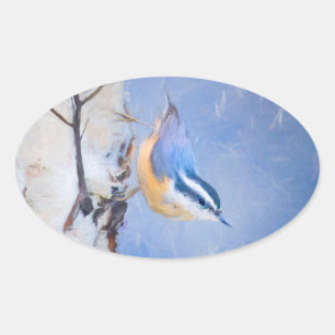 Rot gezapfte Nuthatch Malerei Original Vogelkunst Ovaler Aufkleber