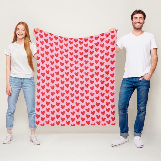 Rot gezeichnetes Doodle-Herzen-Muster auf Pastell- Fleecedecke (Beispiel)