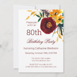 Rot + Gold Aquarell Floral 80. Geburtstagsparty Einladung