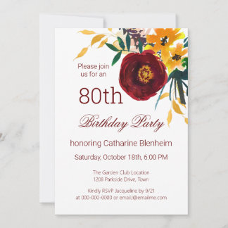 Rot + Gold Aquarell Floral 80. Geburtstagsparty Einladung