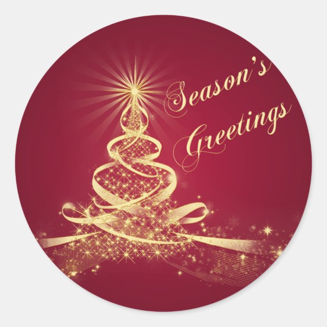 Rot, Gold beleuchtete Tree Season's Grußsticker Runder Aufkleber (Vorderseite)