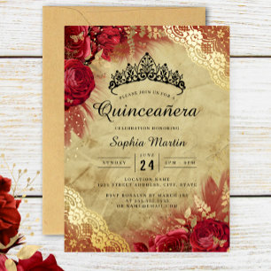 Rot Gold Blumen Spitze Quinceanera  Folieneinladung