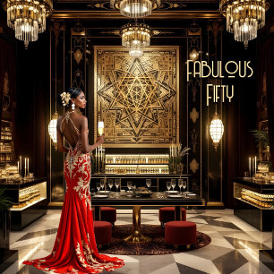 Rot Gold Fabelhaft Art Deco Zimmer Ethnische Frau Einladung