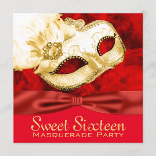 Rot-Gold-Feder-Maskenparty Einladung