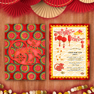 Rot Gold Floral Ratte Zodiak Chinesisches Neujahrs Einladung