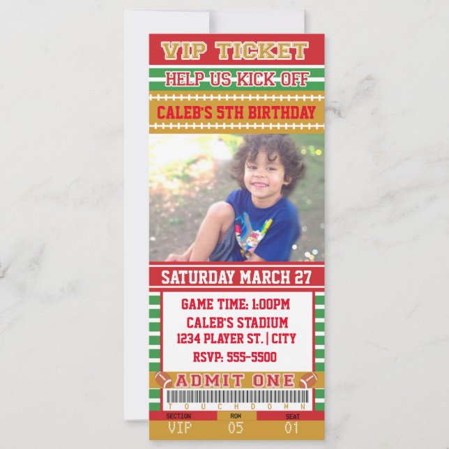 ROT & GOLD FOOTBALL FOTO TICKET EINLADUNG (Vorderseite)