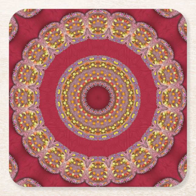 Rot Gold Gelbe Rosetten Mandala Rechteckiger Pappuntersetzer (Vorderseite)