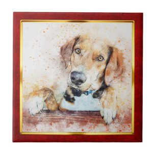Rot & Gold gerahmter abstrakter Hundedruck Fliese