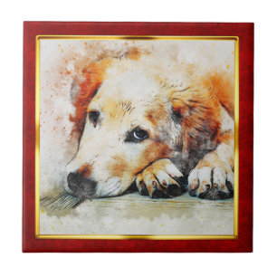 Rot & Gold gerahmter abstrakter Hundedruck Fliese